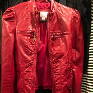 Puff sleeve faux leather jacket red no rips stains or wear noted
